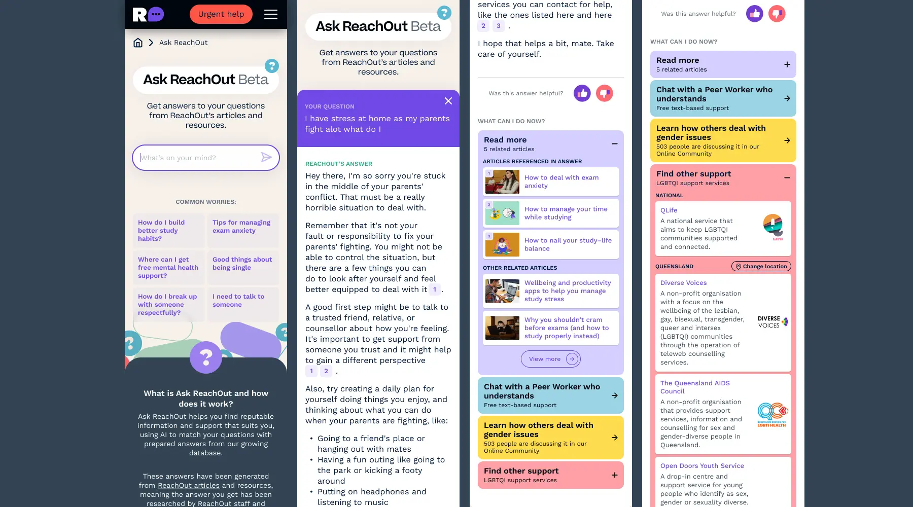 Ask ReachOut mobile UI