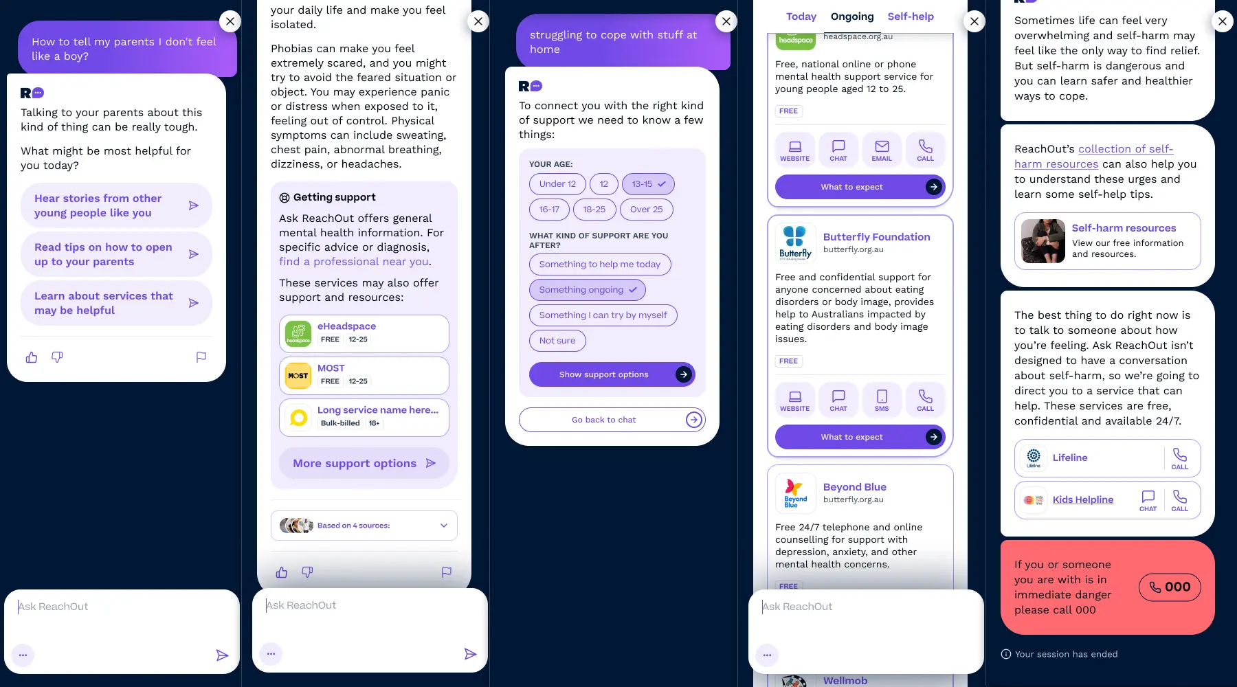 Ask ReachOut chat UI examples